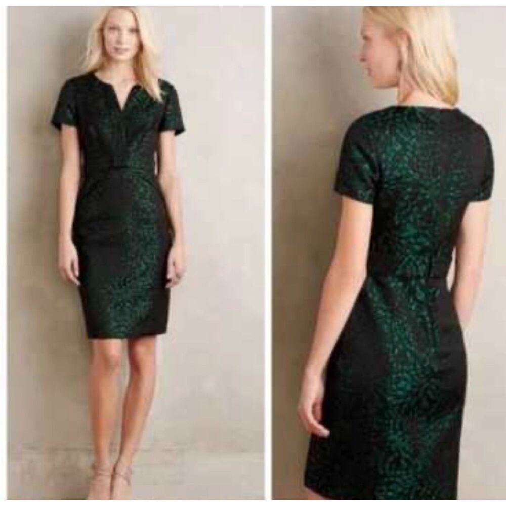 Maeve Anthropologie Black Green Jacquard Sheath Dress Size 8 Textured Cocktail